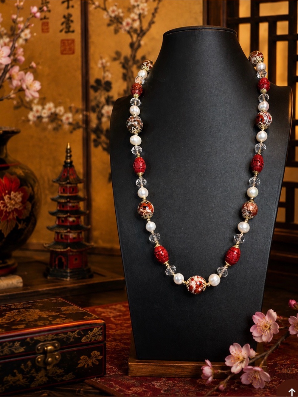 ARTISAN Cinnabar, Jasper, Pearl and Crystal Necklace